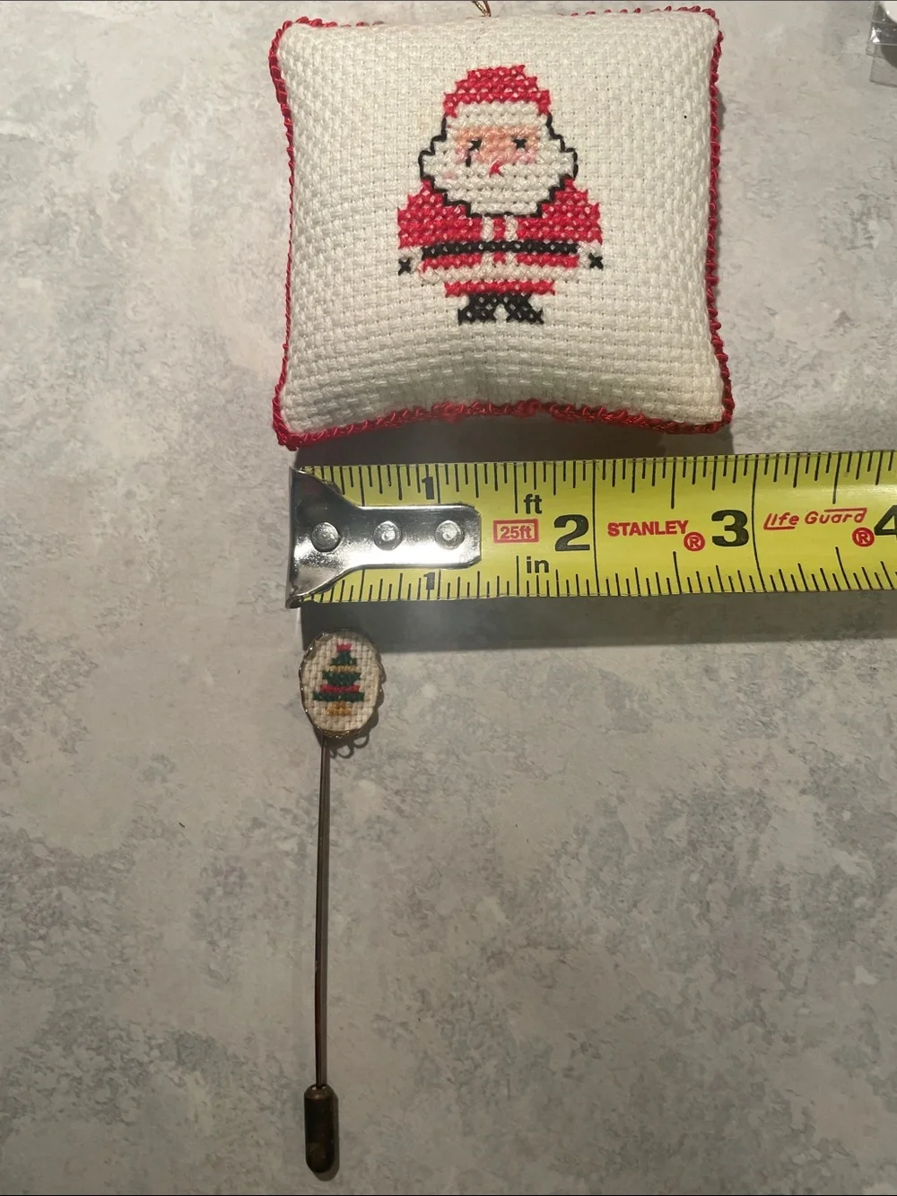 Vintage Needlepoint Stickpin and Santa Ornament